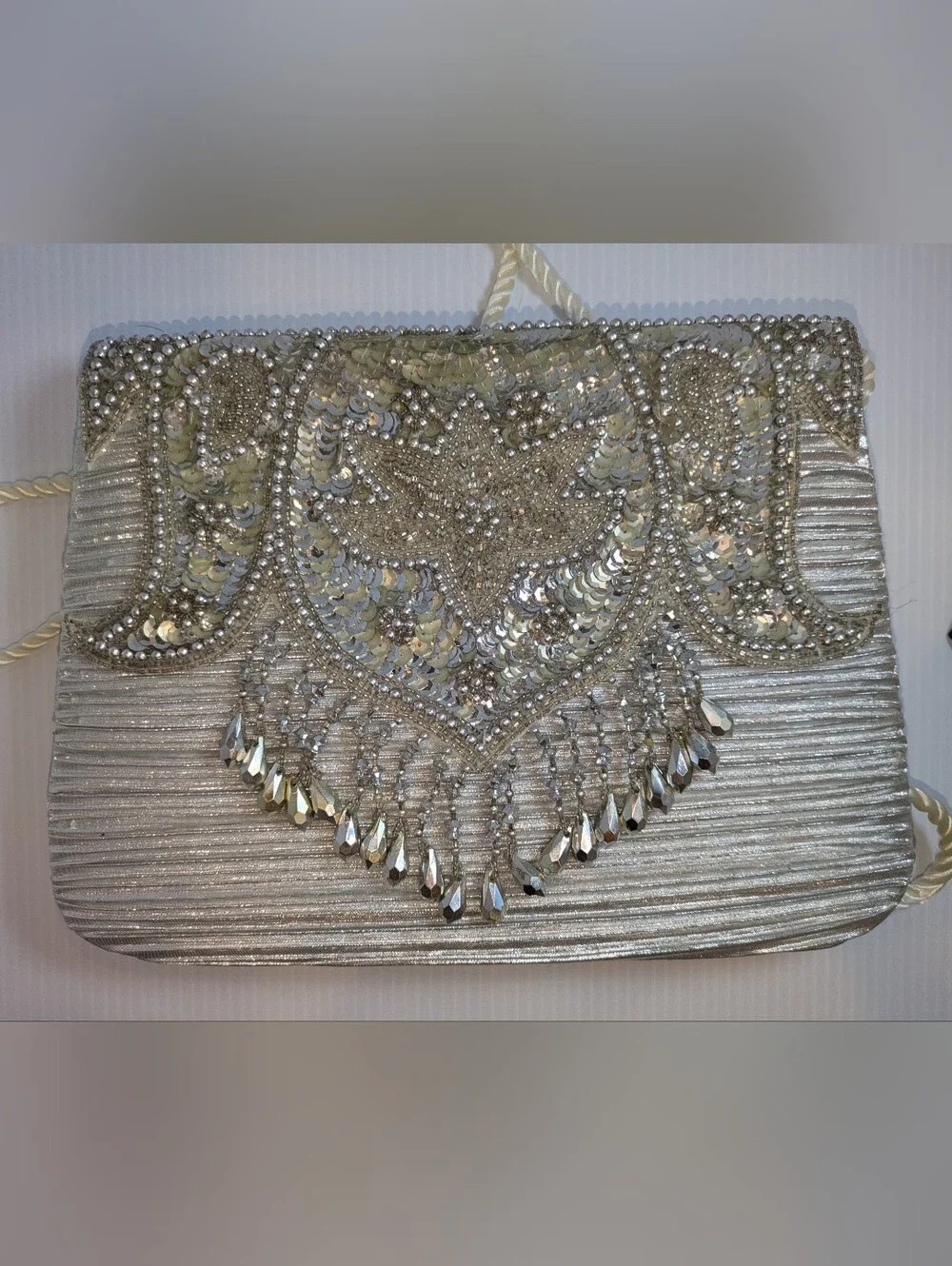 Whittall & Shon Silver Beaded Sequin Evening Clutch Crossbody Purse Vintage Glam